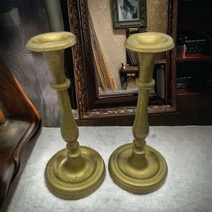 2 Antique Solid Brass Candle Holders Heavy